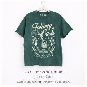 Johnny Cash Man in Black Graphic T-Shirt Green Cotton Band Tee LG